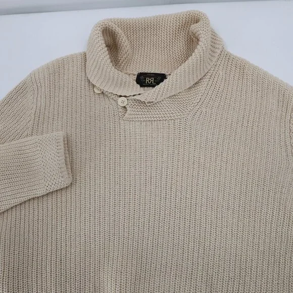 RRL Ralph Lauren sweater mens large Shawl Collar Cotton Knit beige jumper - Picture 13 of 13